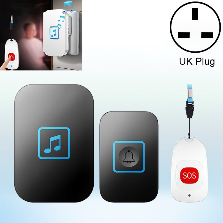 CACAZI C86 Wireless SOS Pager Doorbell Old man Child Emergency Alarm Remote Call Bell, UK Plug(Black)