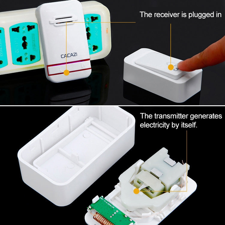 CACAZI V027G One Button One Receivers Self-Powered Wireless Home Kinetic Electronic Doorbell, EU Plug