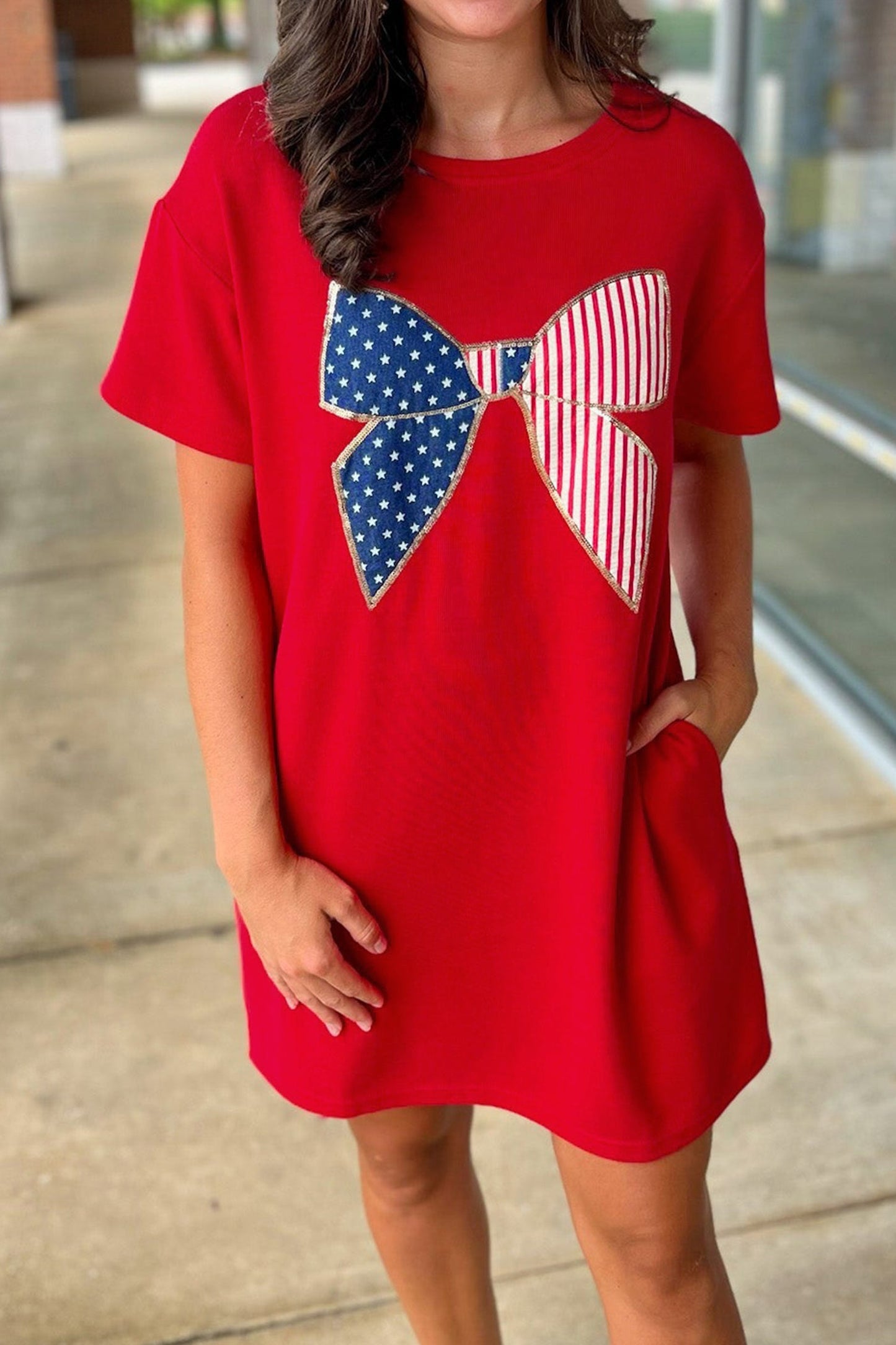 Stars & Stripes Bow Sequin Trim Mini Dress