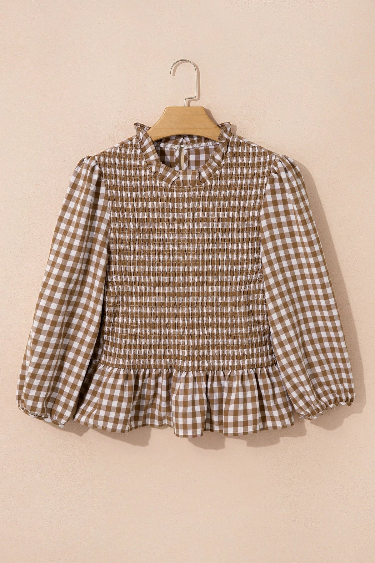 Gingham Smocked 3/4 Sleeve Ruffle Peplum Top
