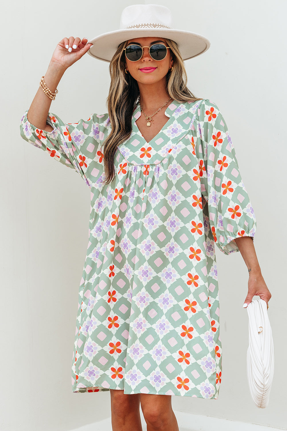 Reagan Floral Print 3/4 Sleeve Notched Neck Mini Dress