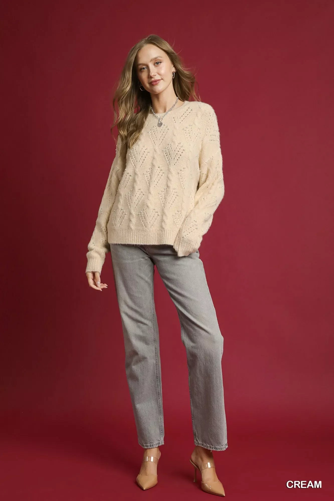 Umgee Pearl-Embellished Long Sleeve Sweater