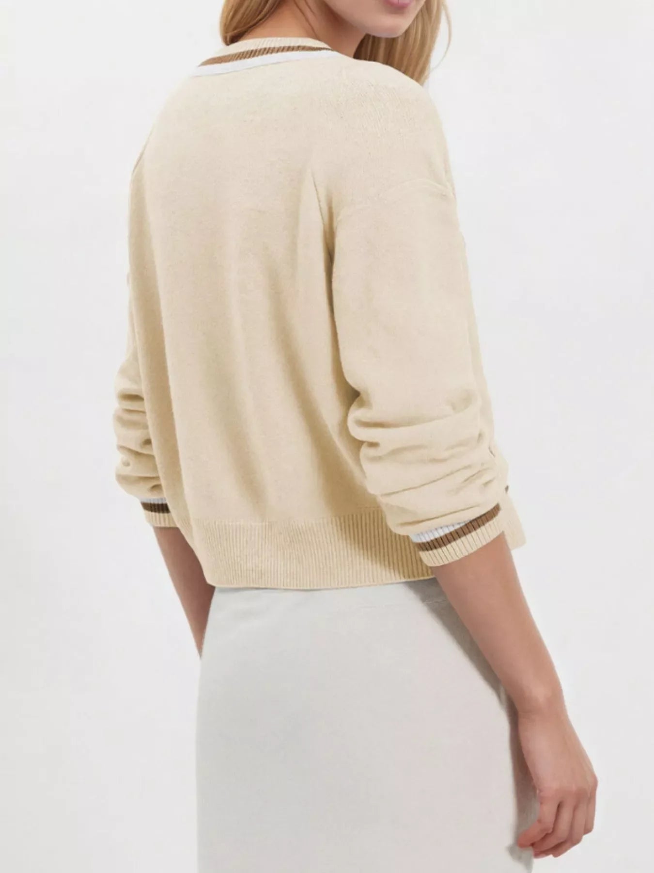 Striped Trim Button-Down Cardigan
