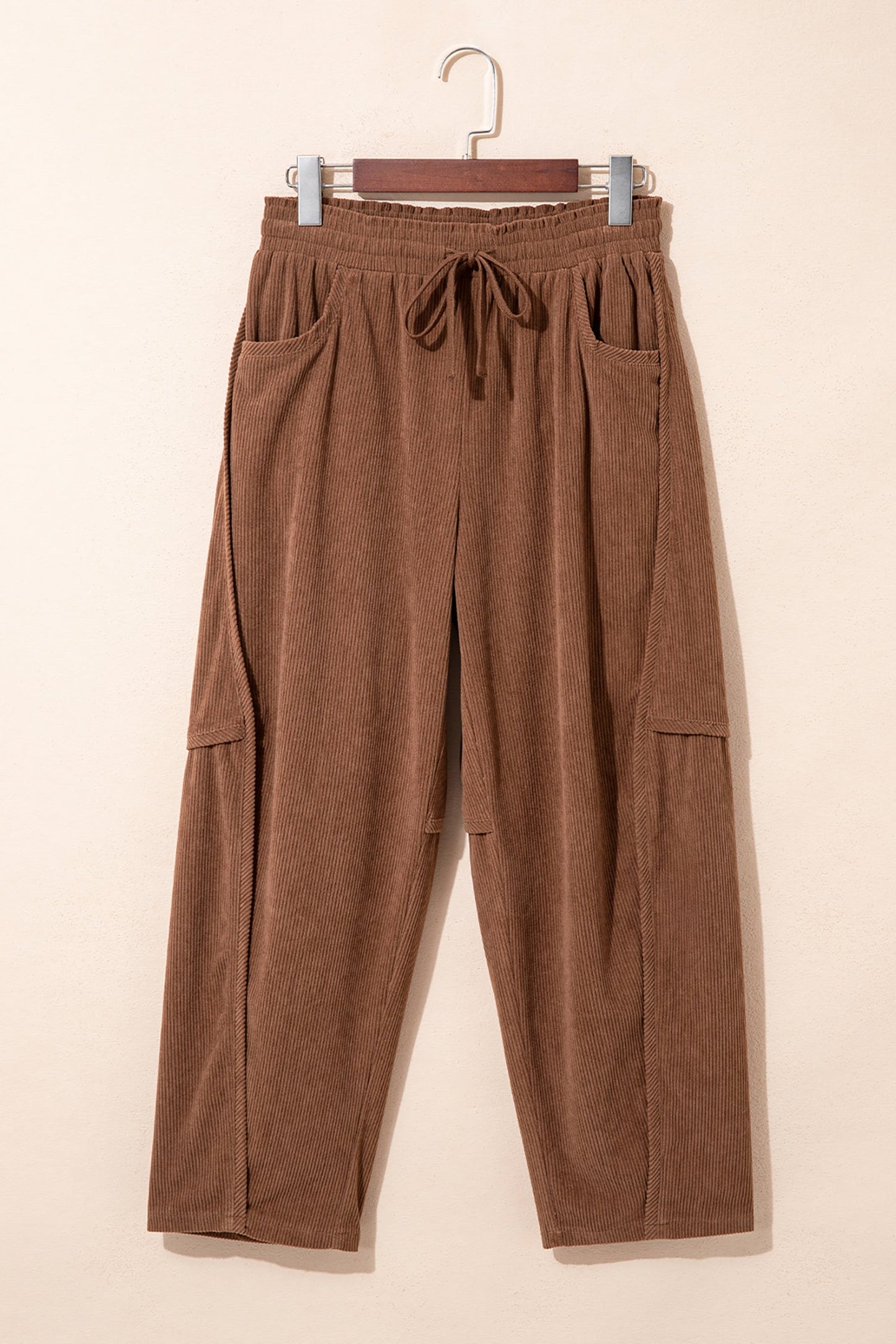 Solid Corduroy Drawstring Elastic Waist Cargo Pants