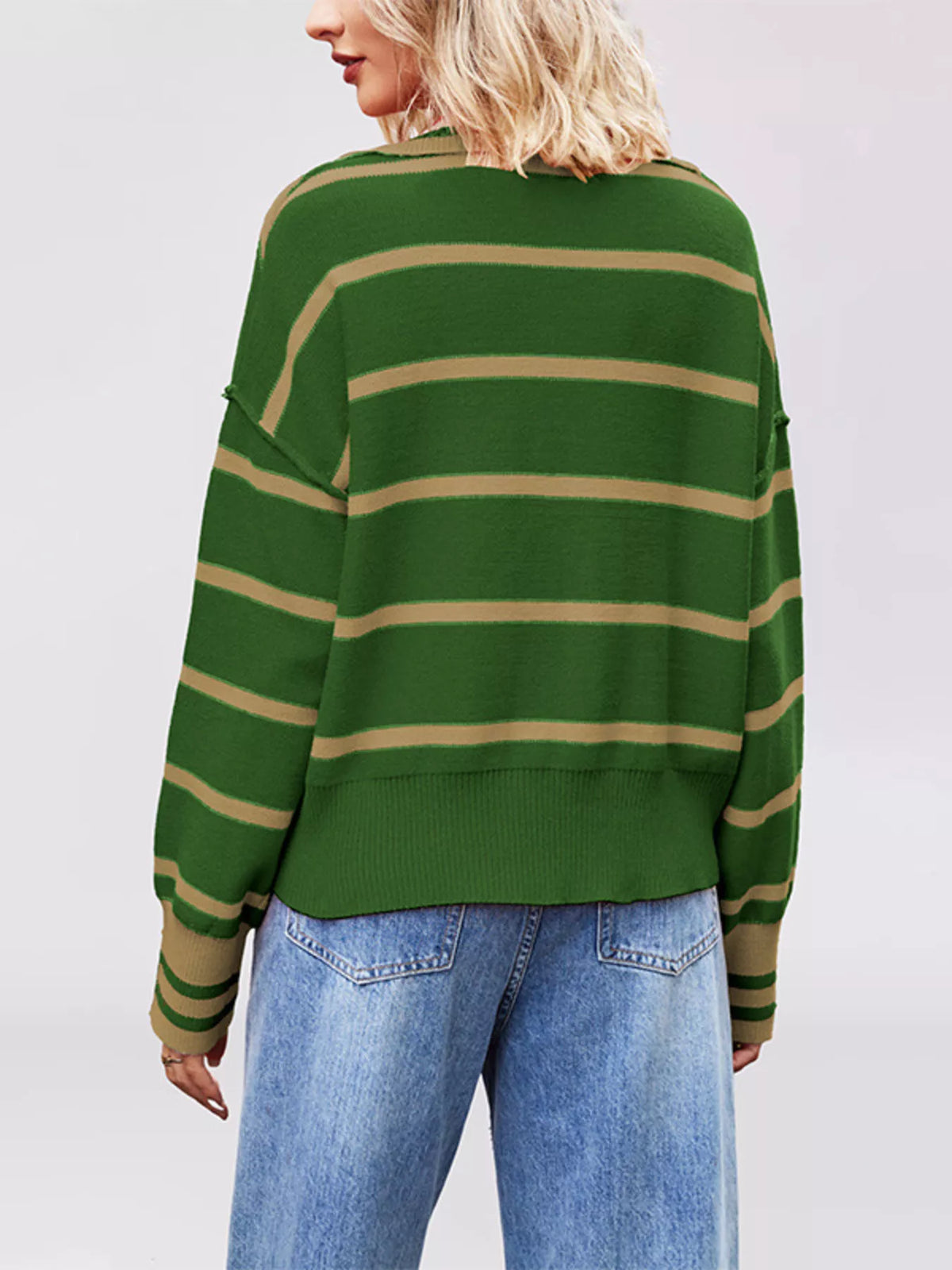 Striped Johnny Collar Dropped Shoulder Sweater