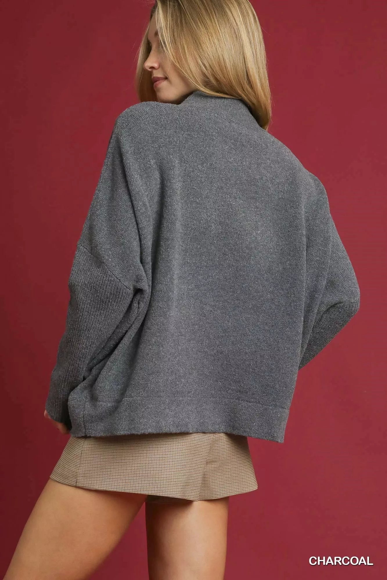 Umgee V-Neck Sweater with Wide Trim Detail