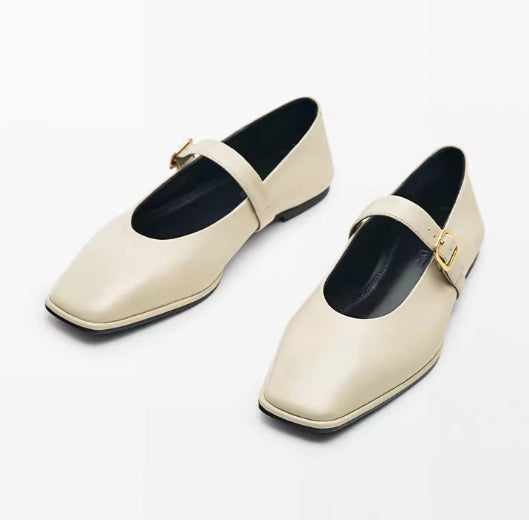 Genuine Leather Square-toe Flat Shoes For Women With Shallow Mouth And Single Strap