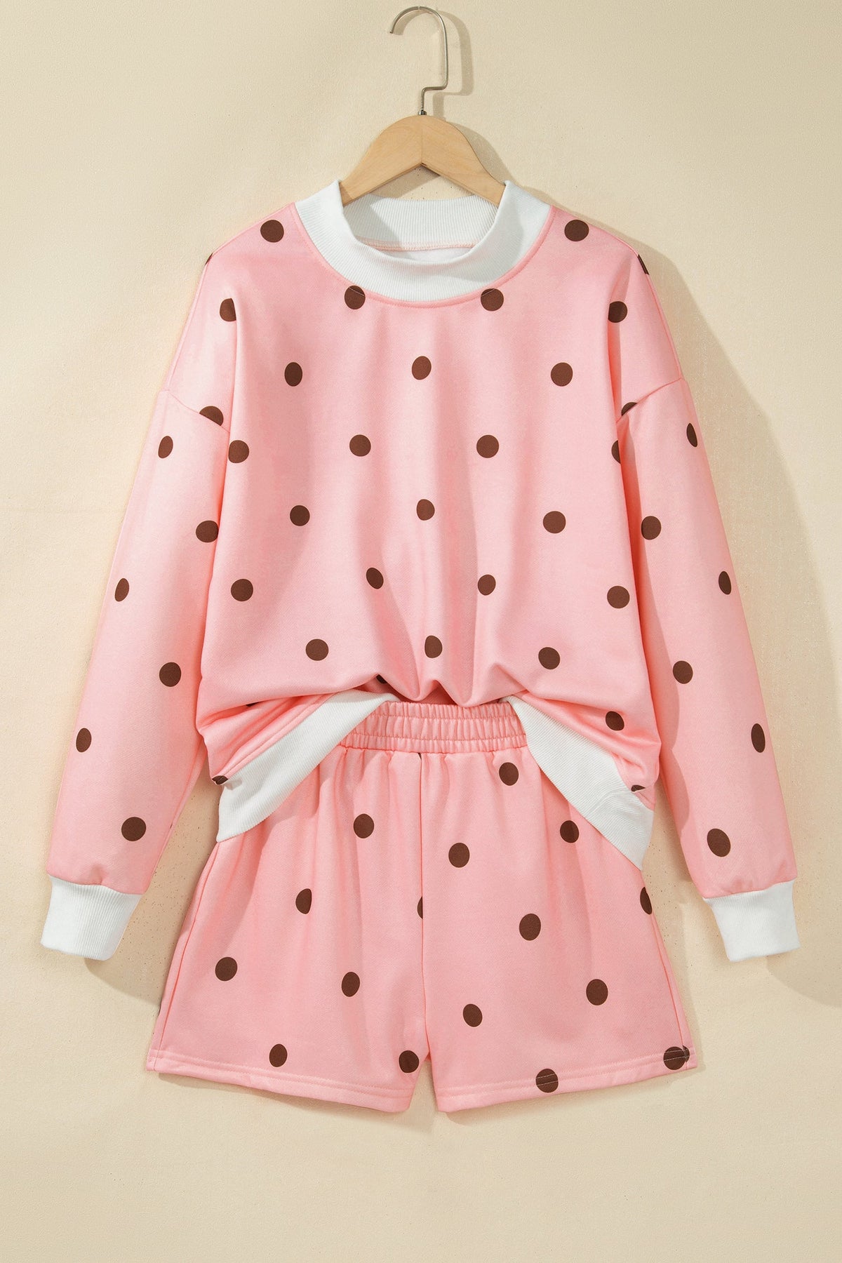 Polka Dot Ribbed Trim Long Sleeve Top & Shorts Set