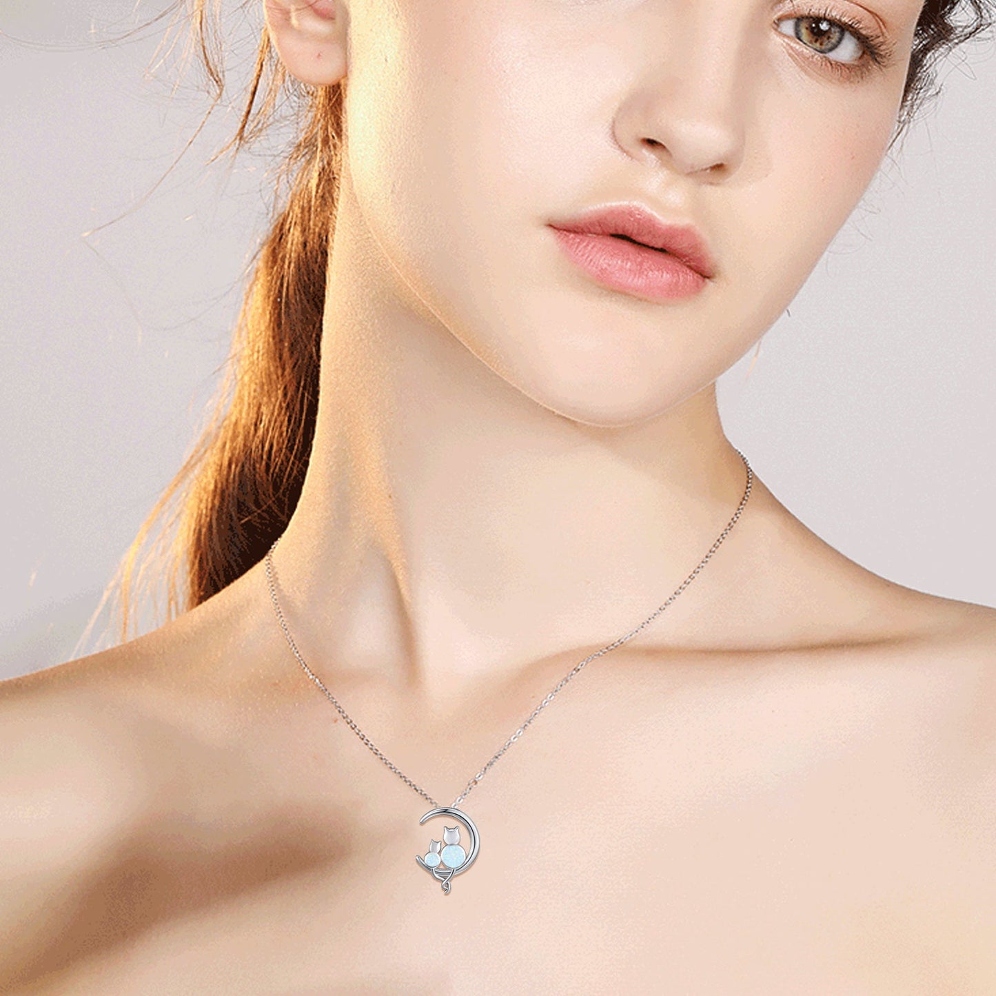 925 Sterling Silver Crescent Moon Opal Cat Pendant Necklace