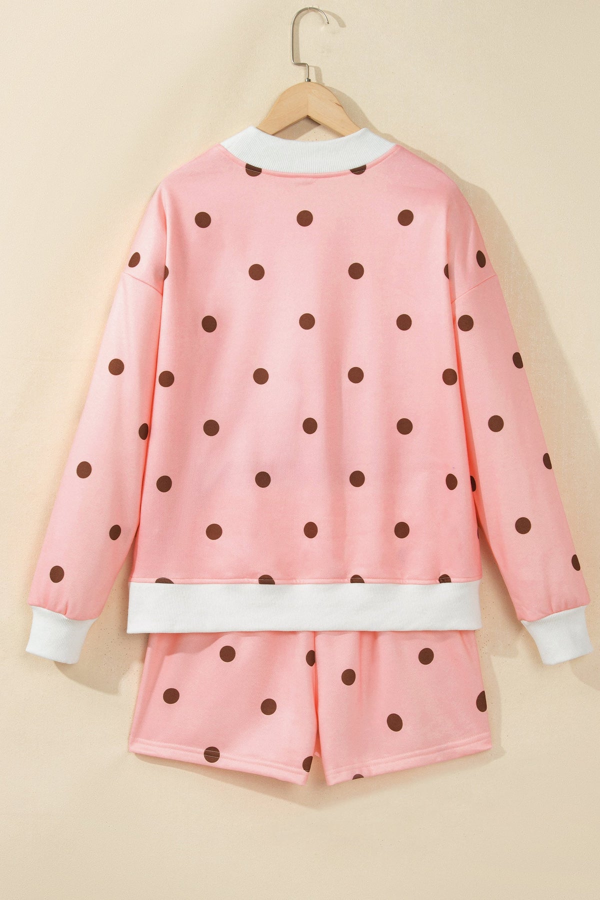 Polka Dot Ribbed Trim Long Sleeve Top & Shorts Set
