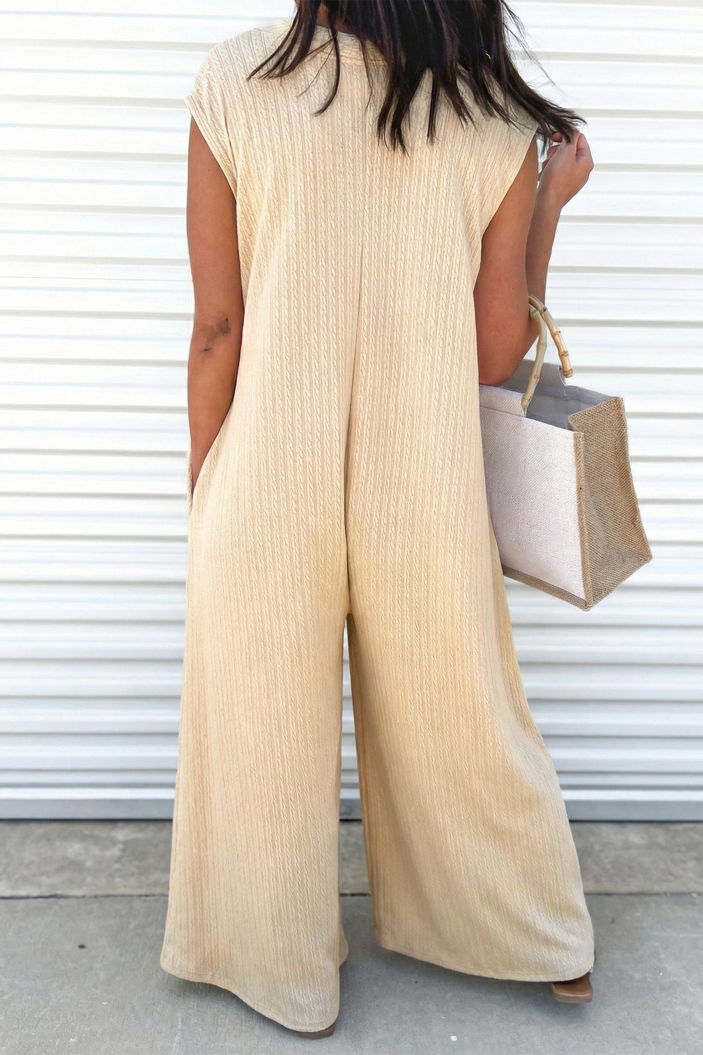 Ribbed Knit Half Buttoned Wide Leg Jumpsuit