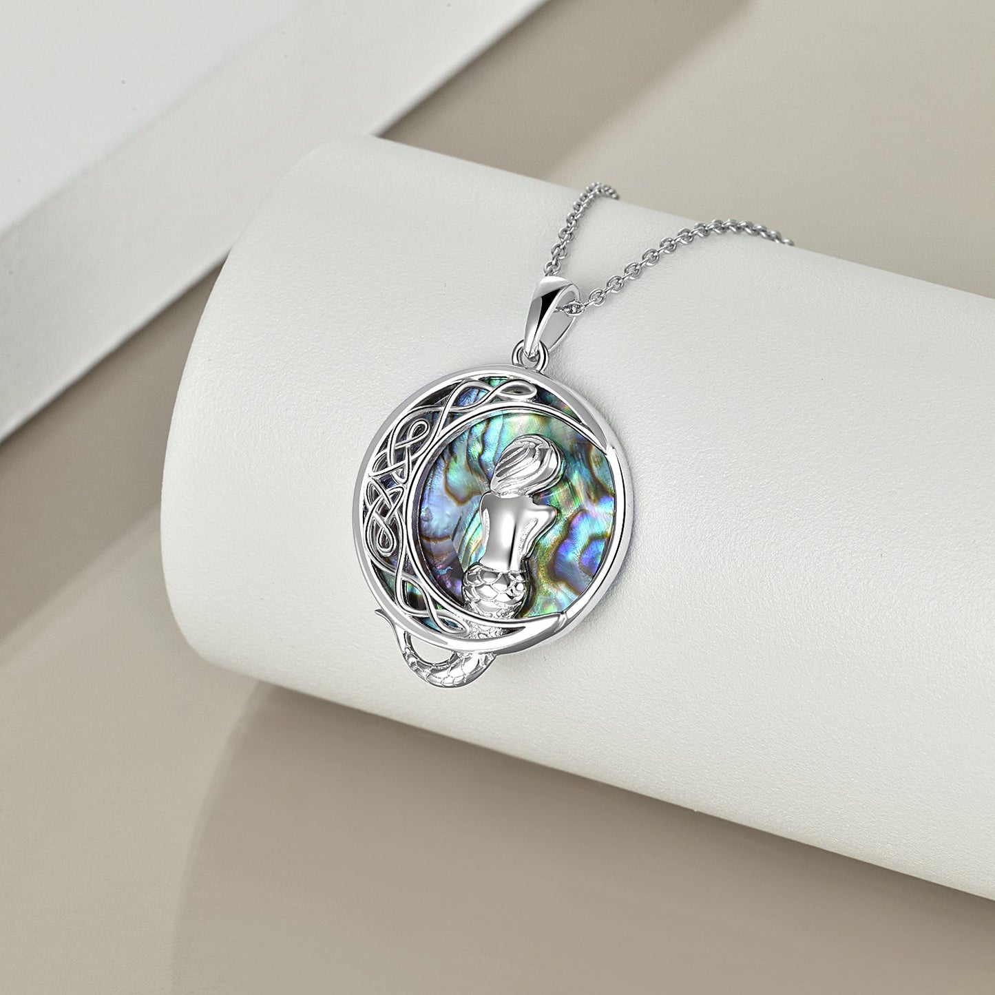 Sterling Silver Classic Sea Mermaid Crescent Moon Necklace with Abalone Shell