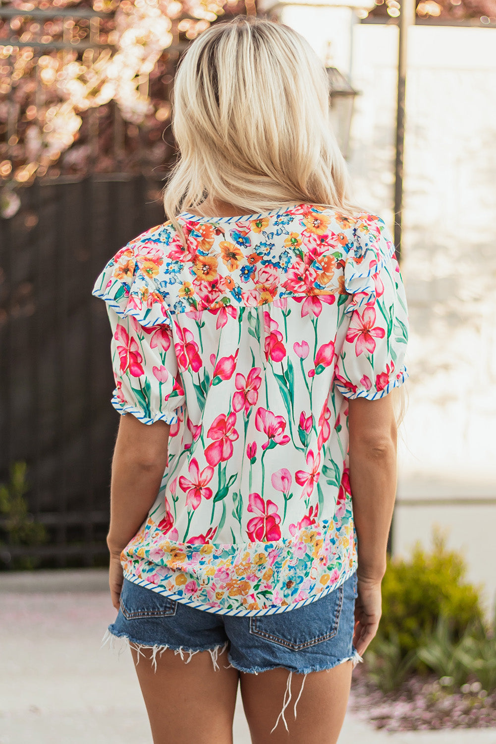 Floral Stripe Trim Split Neck Short Sleeve Blouse