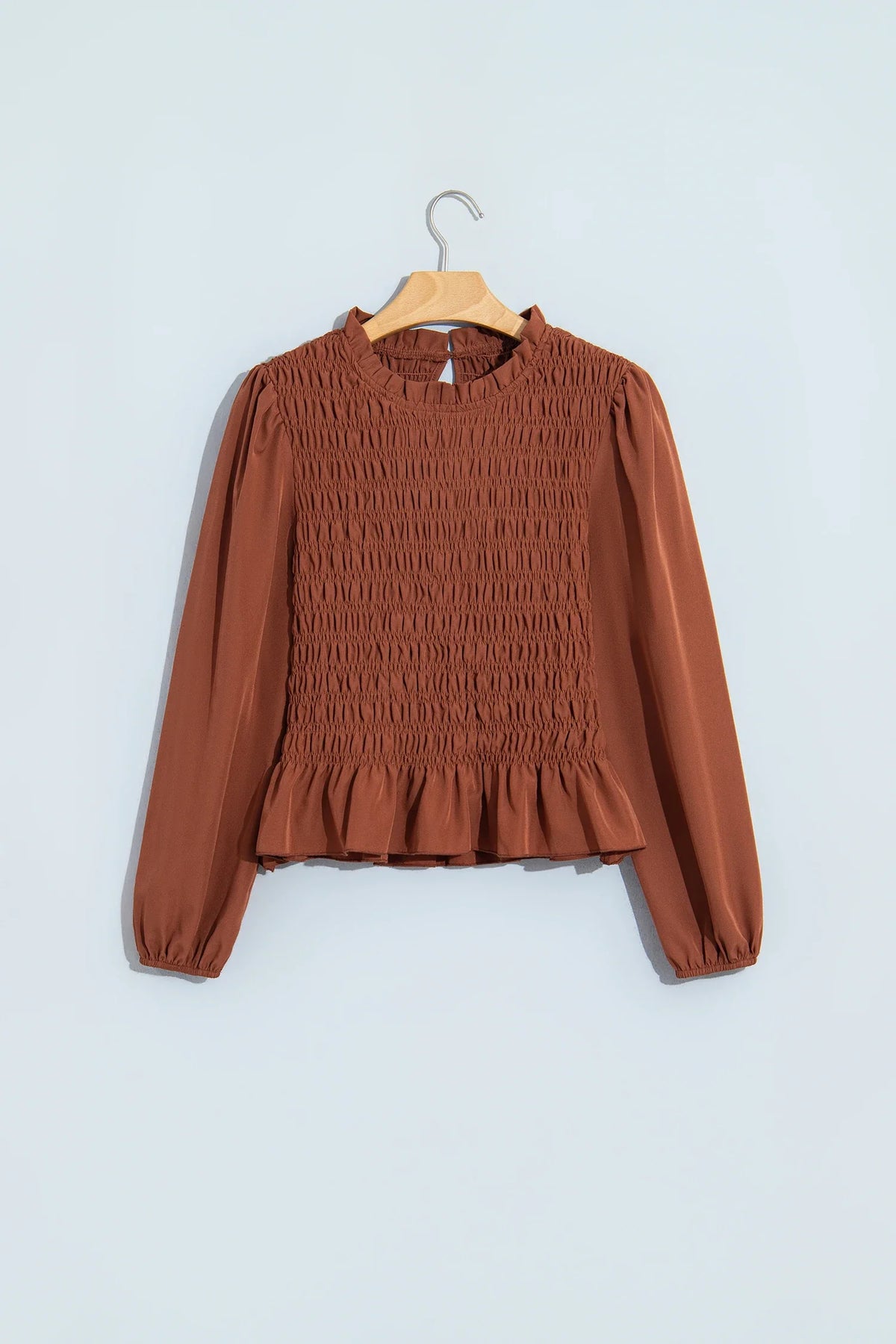 Solid Smocked Ruffle Hem Long Sleeve Blouse