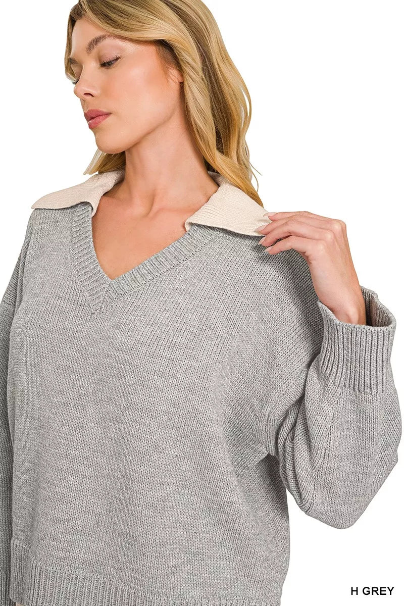 Zenana Dual-look Collared V-neck Sweater