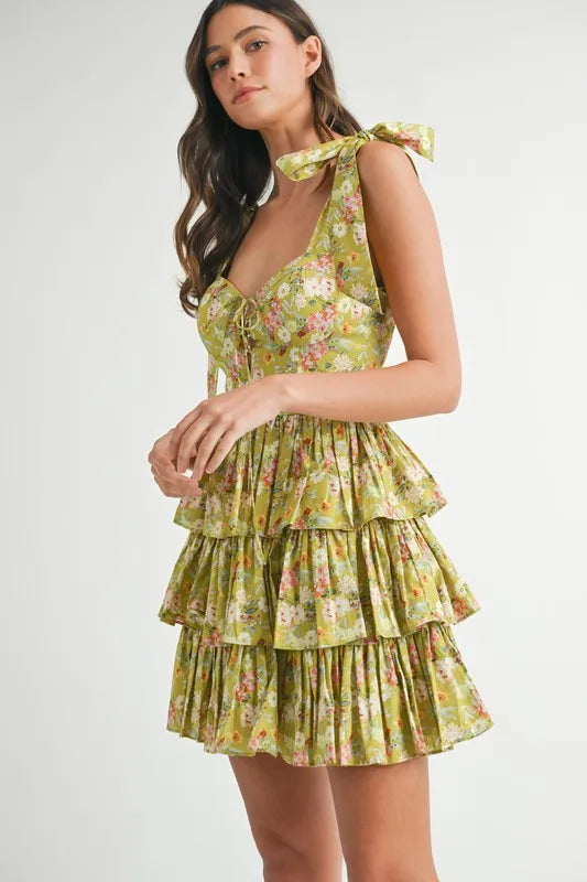 Floral Print Shoulder Tie Layered Mini Dress For Women – Fresh Floral Design, Fluttering Adjustable Shoulder Tie, Layered Mini Dress, Trendy Summer Outfit