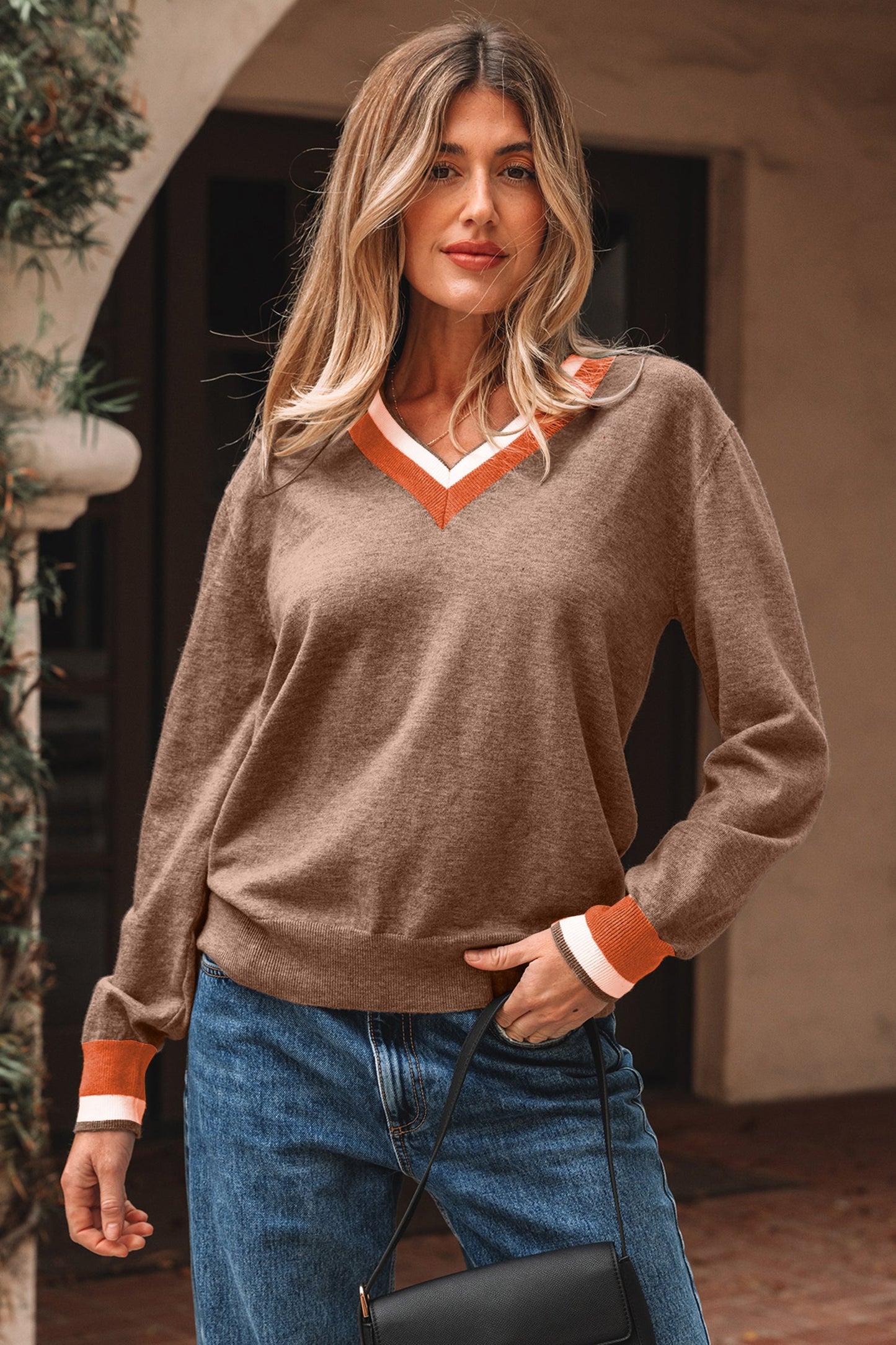 Varsity Stripe Contrast Trim V-Neck Sweater