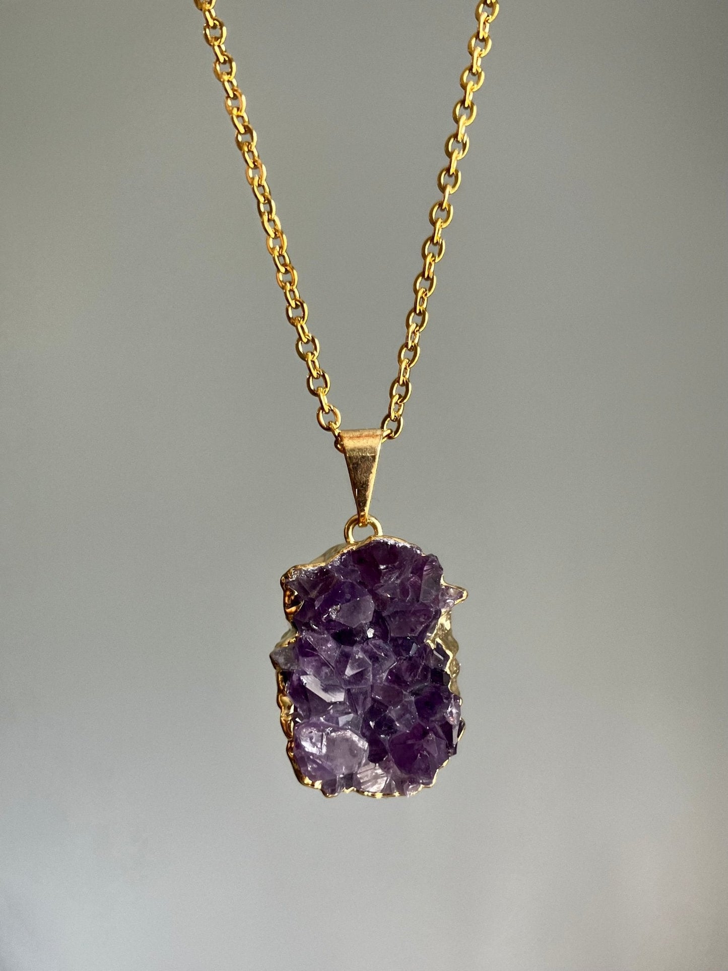 Amethyst Druzy Necklace – Gold or Silver Plated, 18” Chain