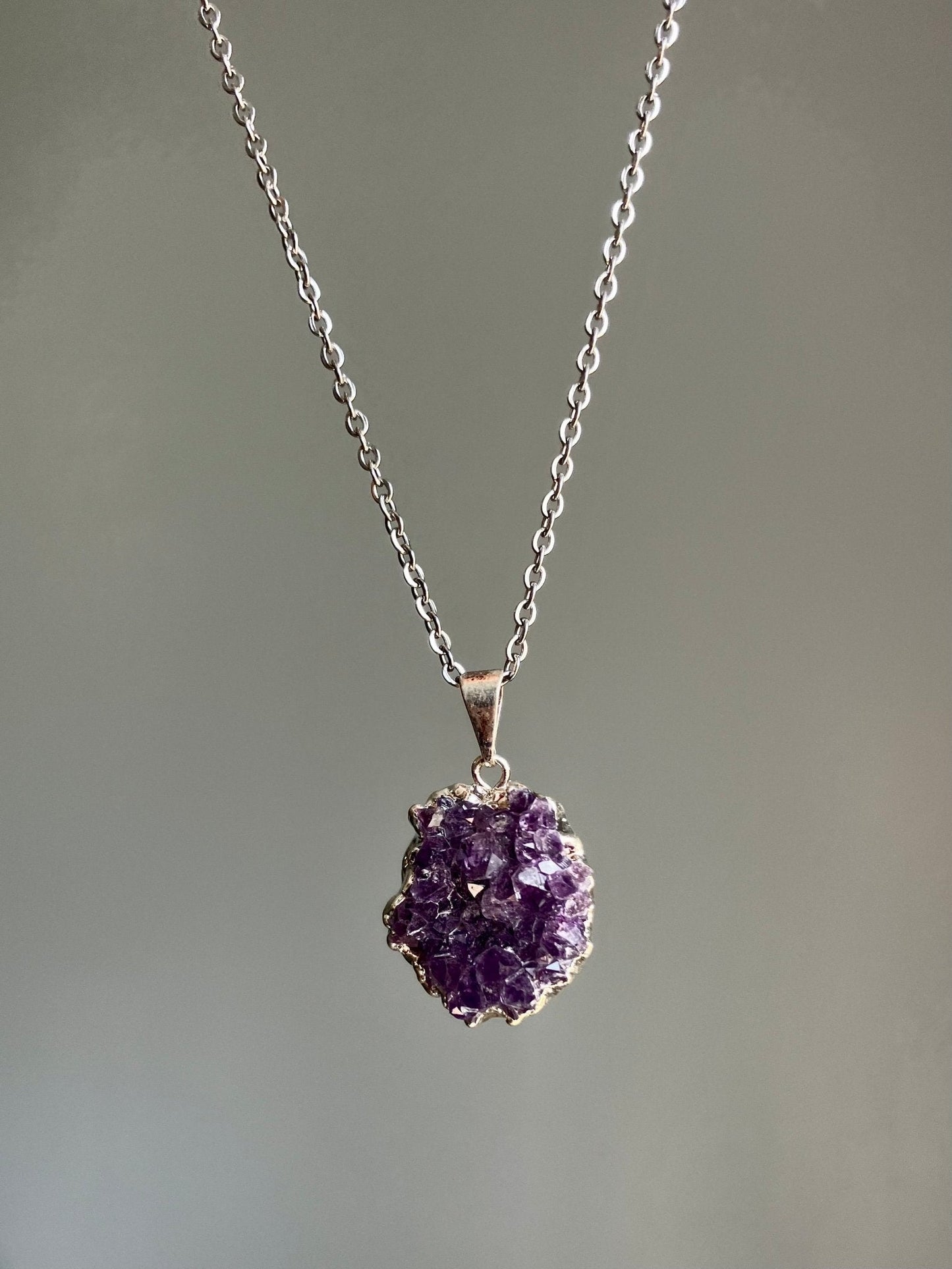 Amethyst Druzy Necklace – Gold or Silver Plated, 18” Chain