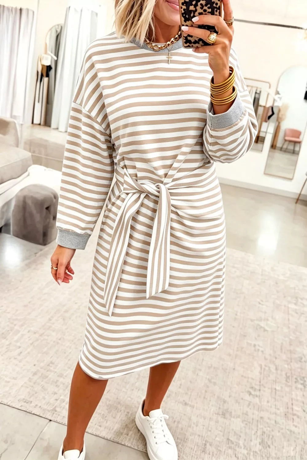 Stripe Striped Colorblock Cuffs Round Neck Long Sleeve Shift Dress
