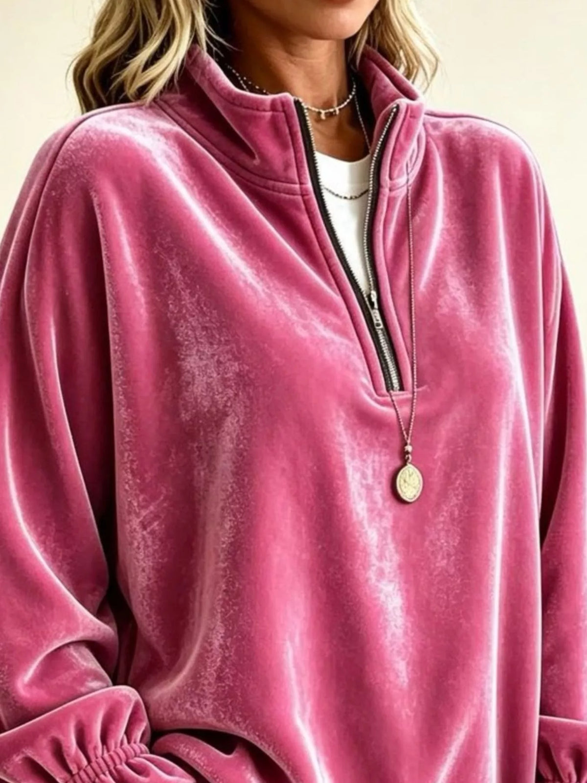 Velvet Quarter-Zip Sweatshirt with Ruffled Cuffs