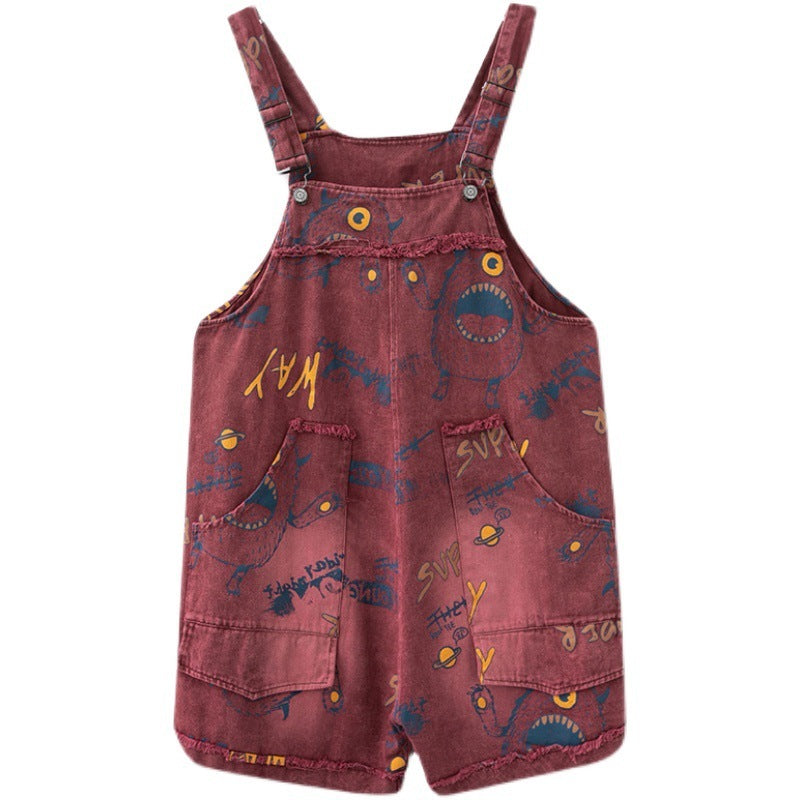 Retro Fashion Print Loose Denim Strap Shorts For Women