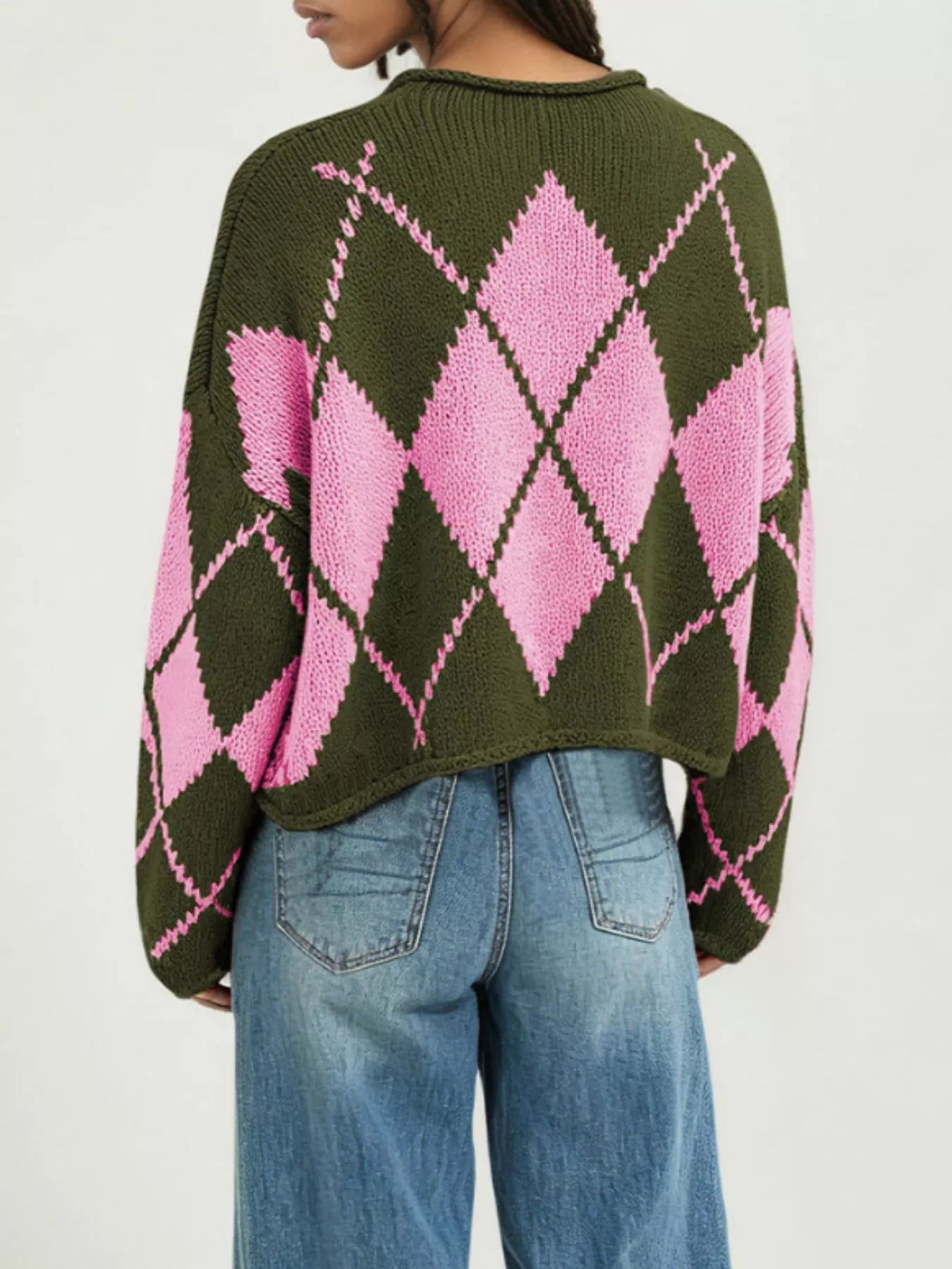 Argyle Pattern Knit Dropped Shoulder Sweater