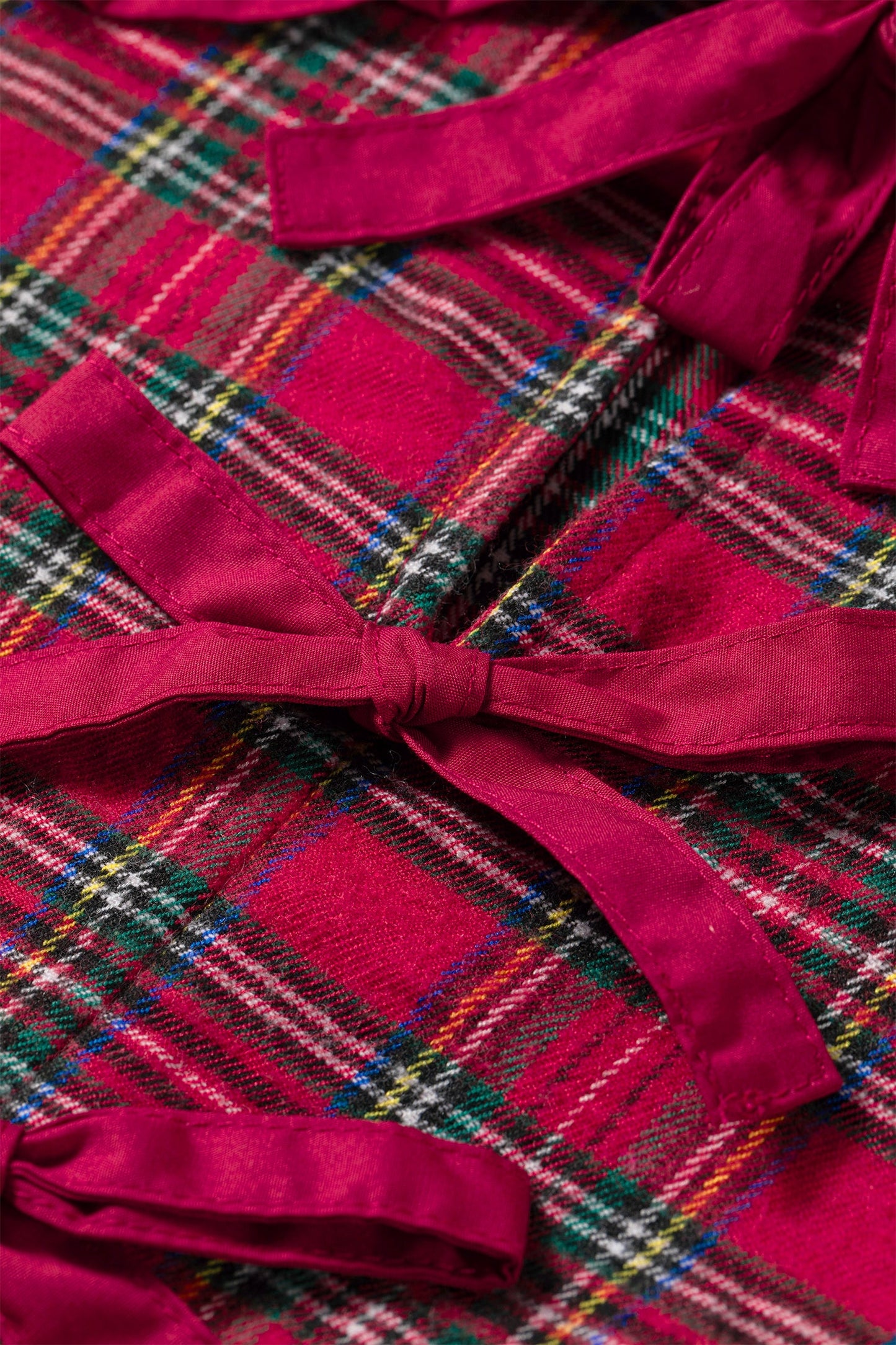 Plaid Collared Bow Tie Ruffle Long Sleeve Blouse