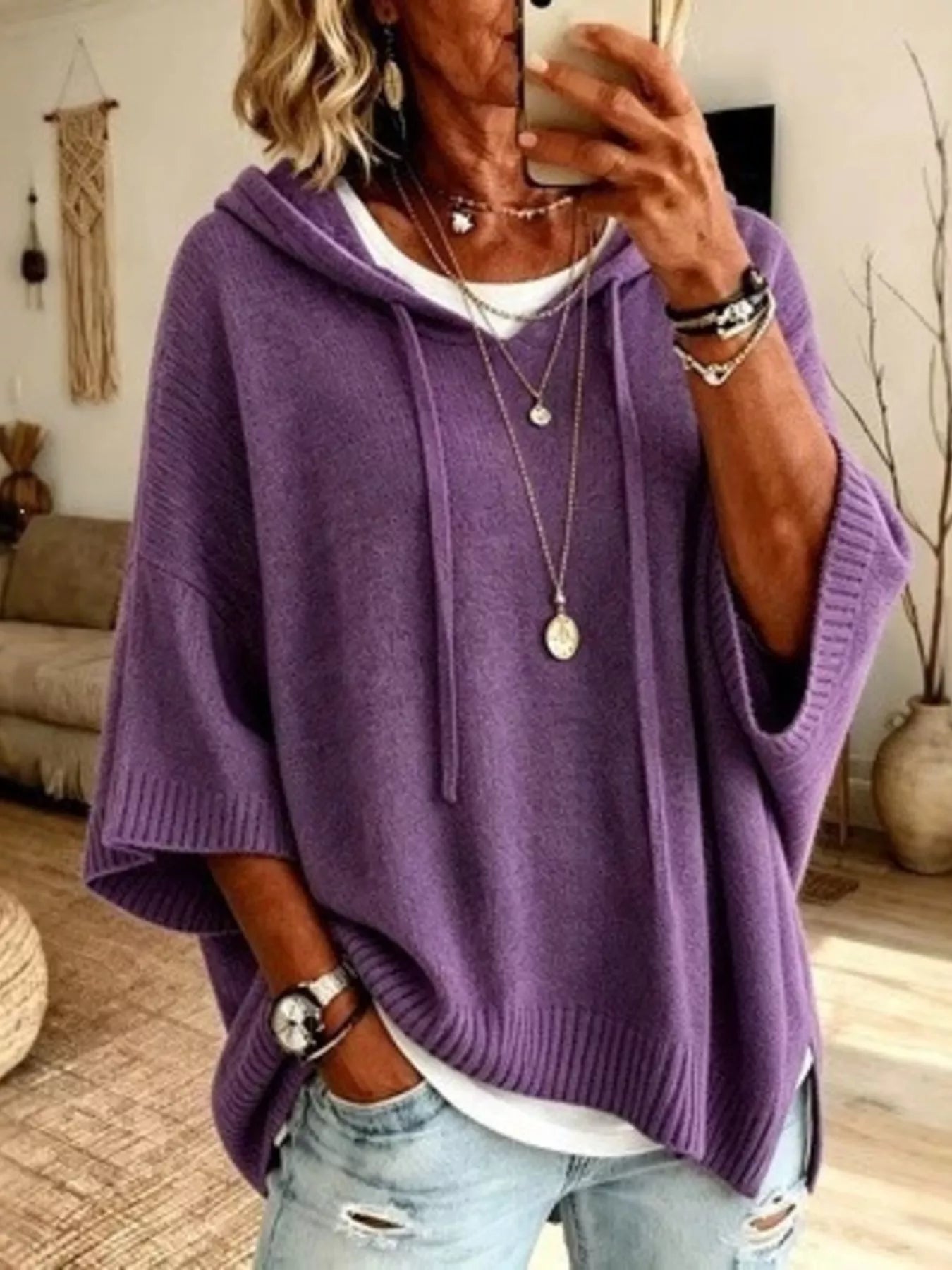 Full Size Drawstring 3/4 Sleeve Hooded Sweater Plus Size
