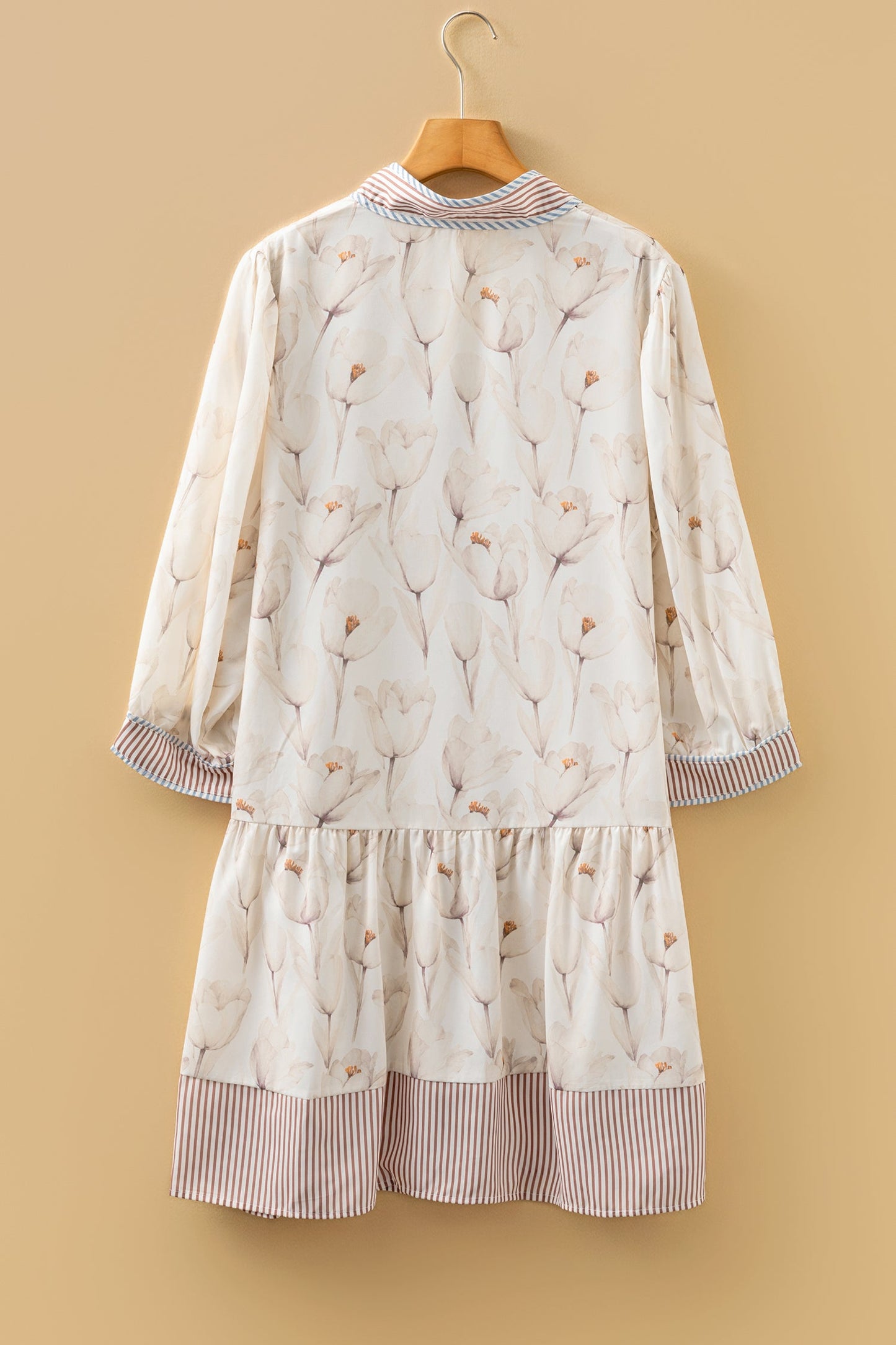 Plus Size Floral Stripe Trim Patchwork Button-Up Dress