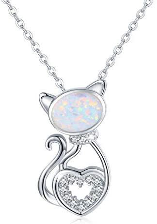 925 Sterling Silver Opal Cat Pendant Necklace