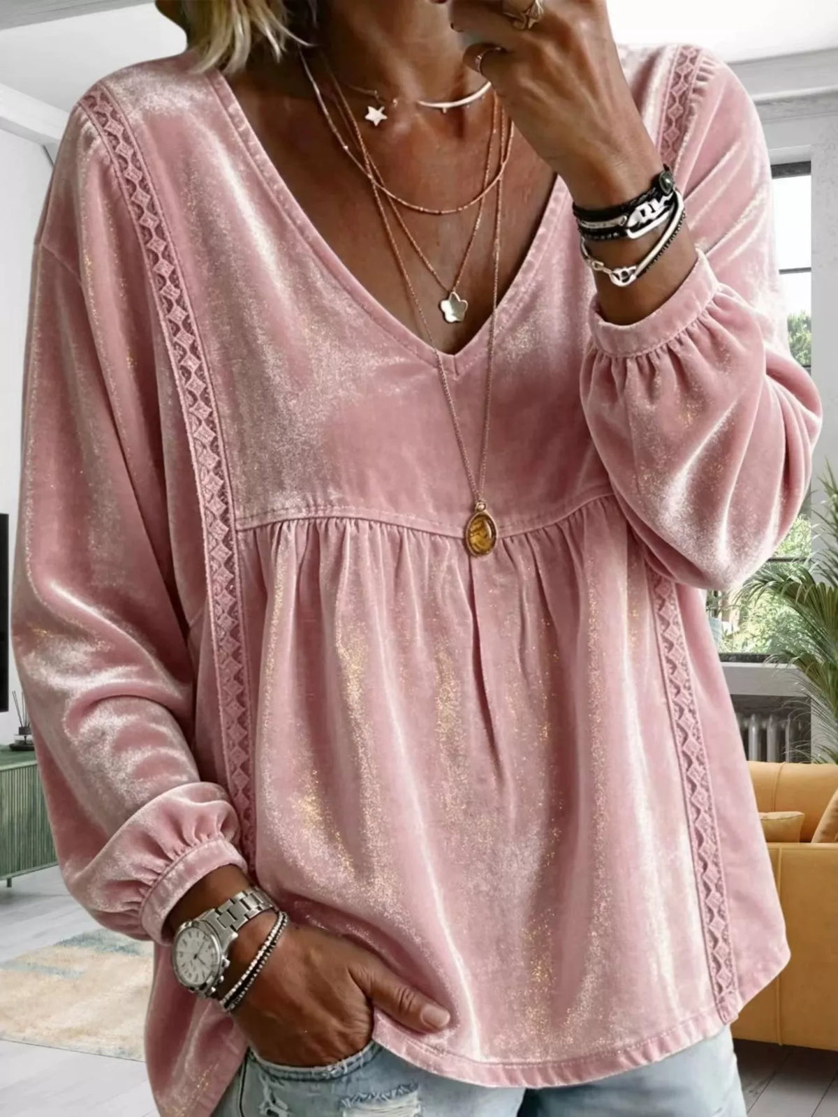 Full Size Velvet Lace Detail V-Neck Blouse Plus Size