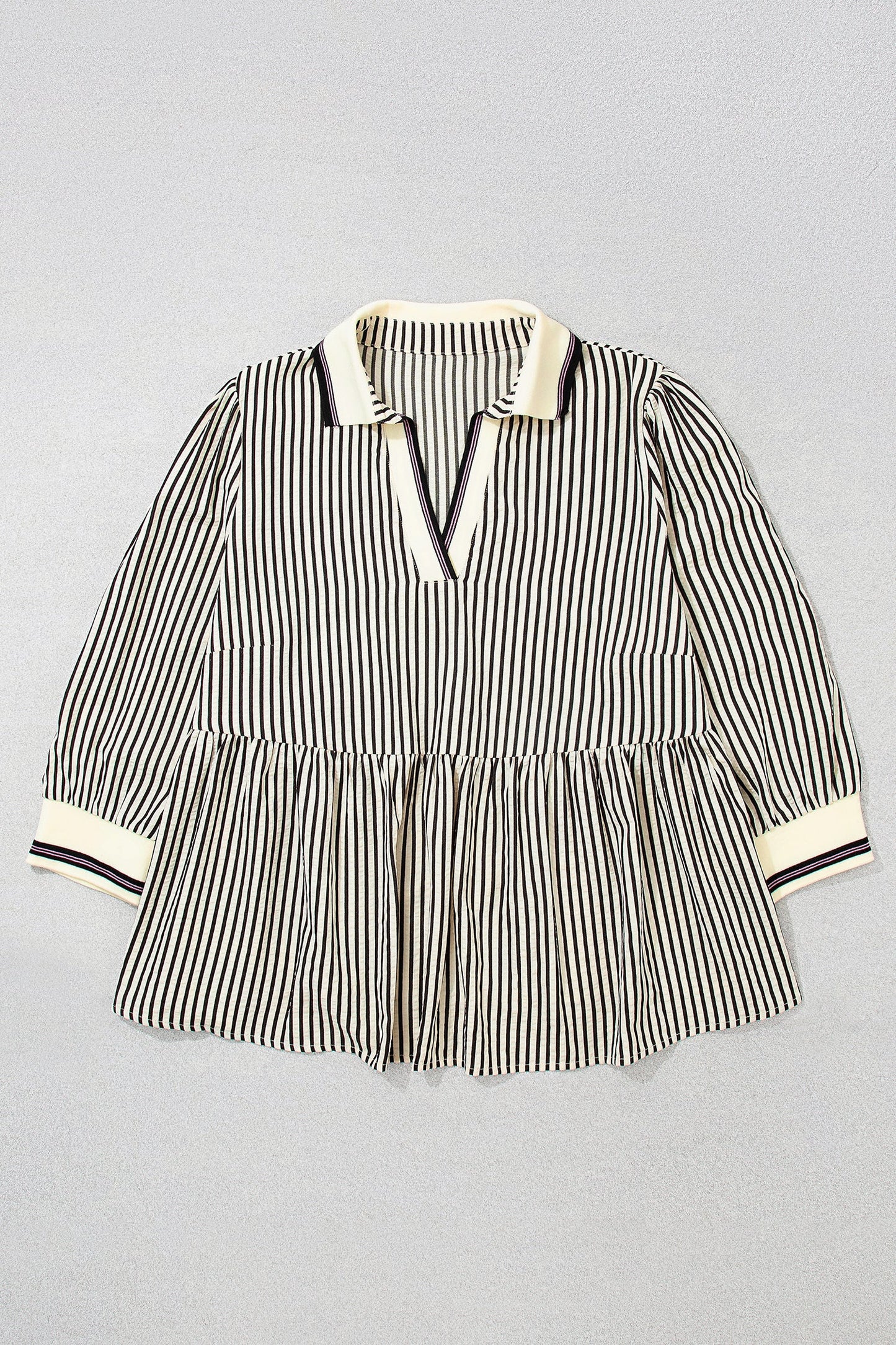 Plus Size Stripe Patchwork Collared V-Neck Peplum Blouse