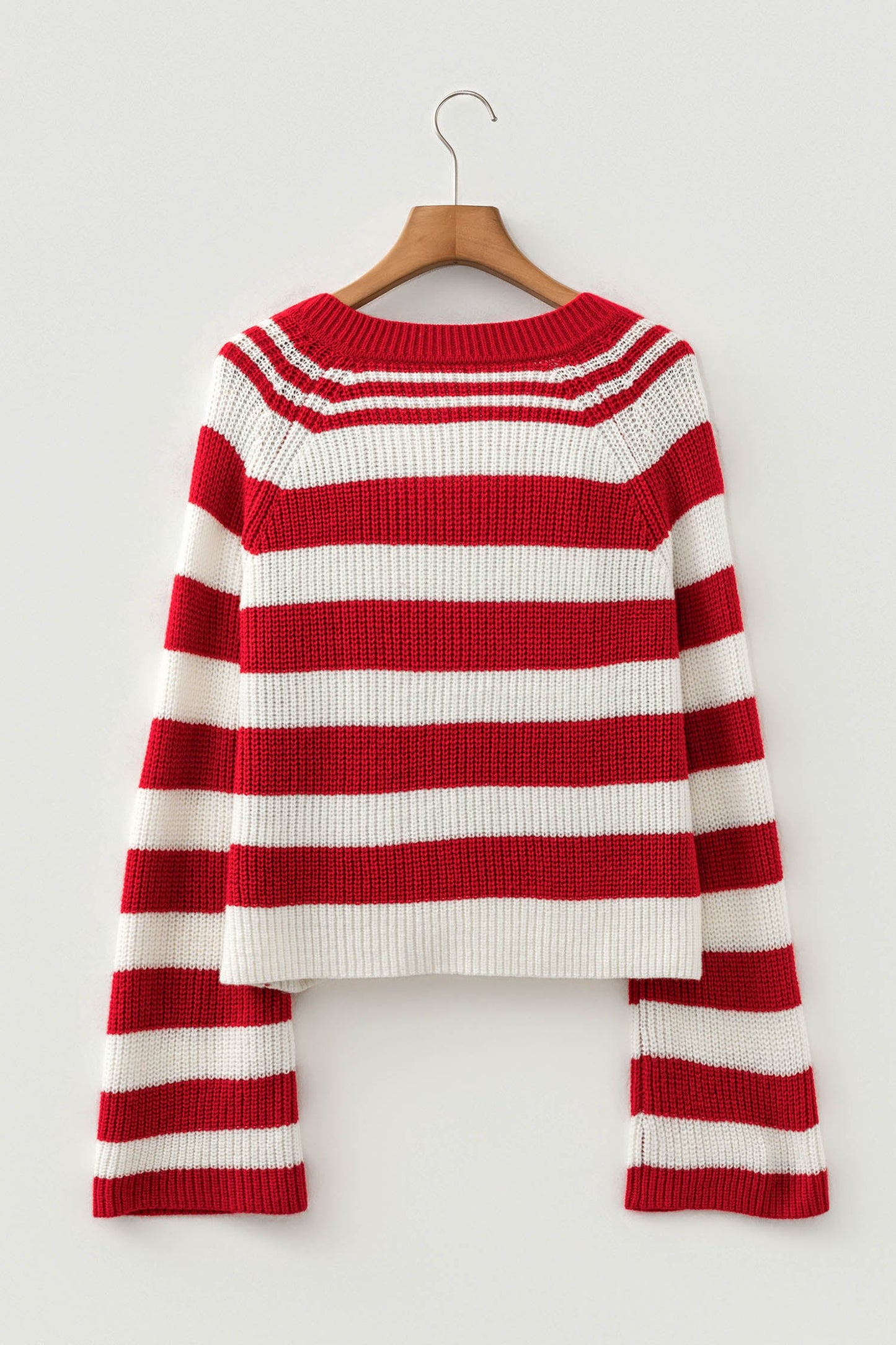 Stripe Colorblock Grommet V-Neck Bell Sleeve Sweater