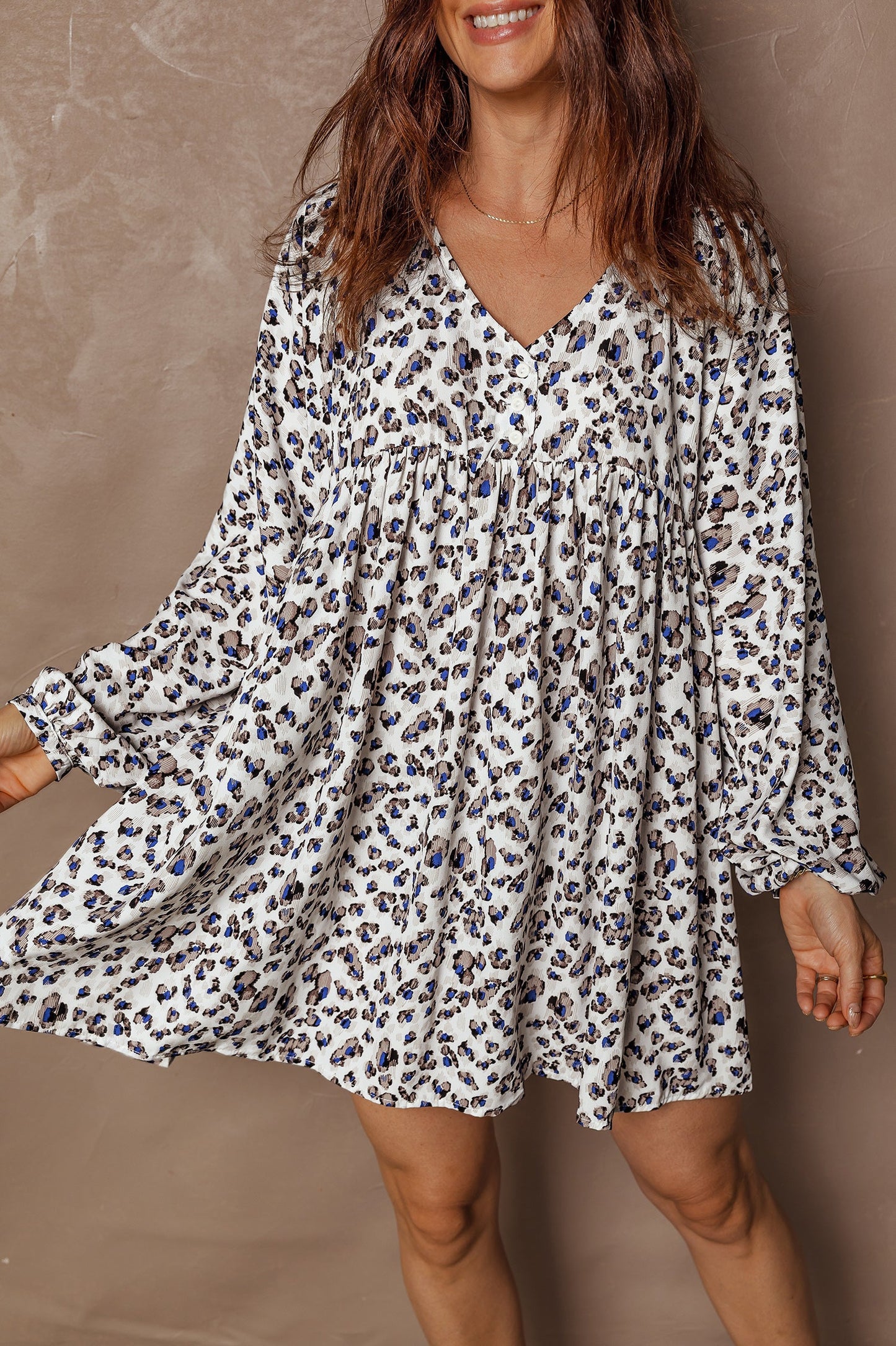 Leopard Buttoned V-Neck Long Sleeve Mini Dress