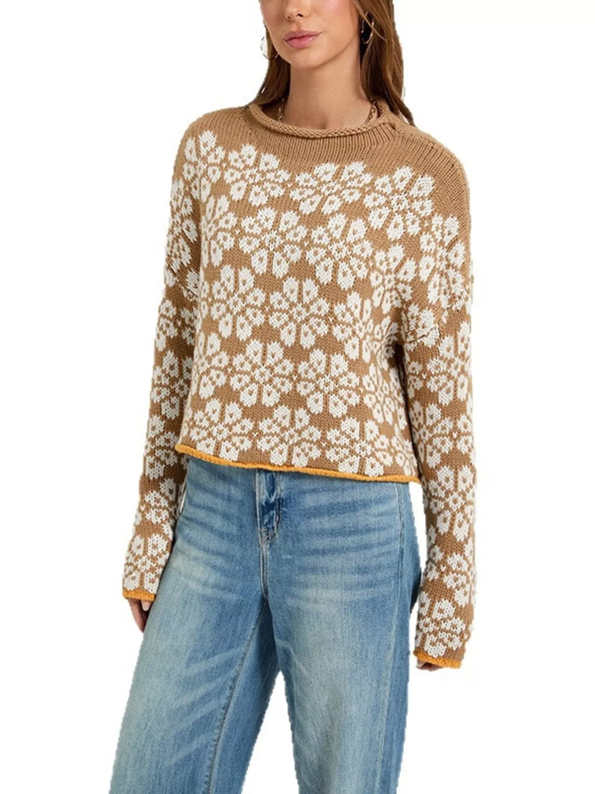 Floral Contrast Trim Dropped Shoulder Sweater