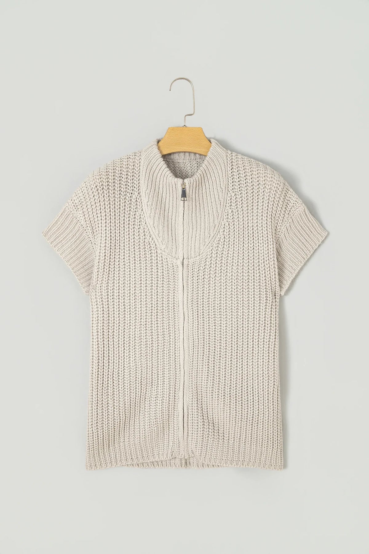 Solid Zip Up High Neck Short Sleeve Knit Top