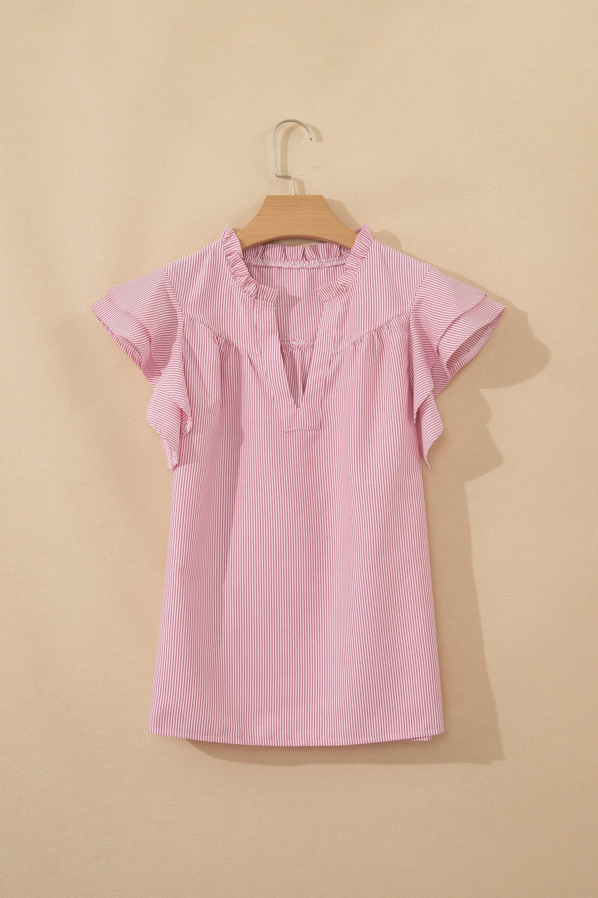 Stripe Frilled Split Neck Ruffle Sleeve Blouse