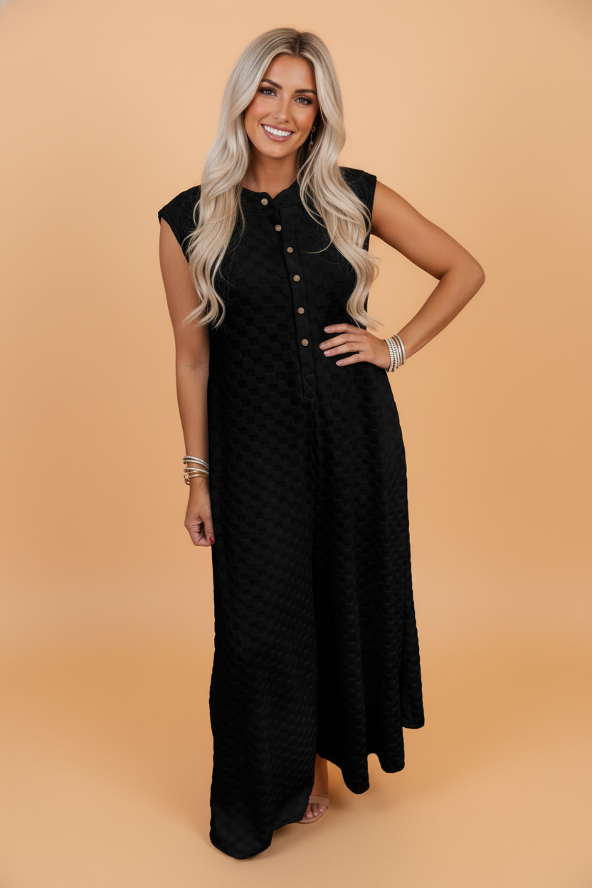 Checker Textured Sleeveless Wide Leg Jumpsuit