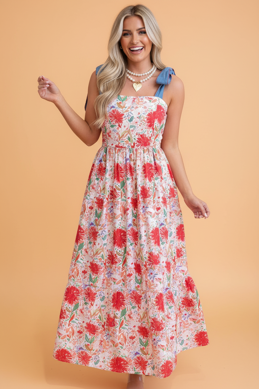 Floral Denim Tie Strap High Waist Maxi Dress