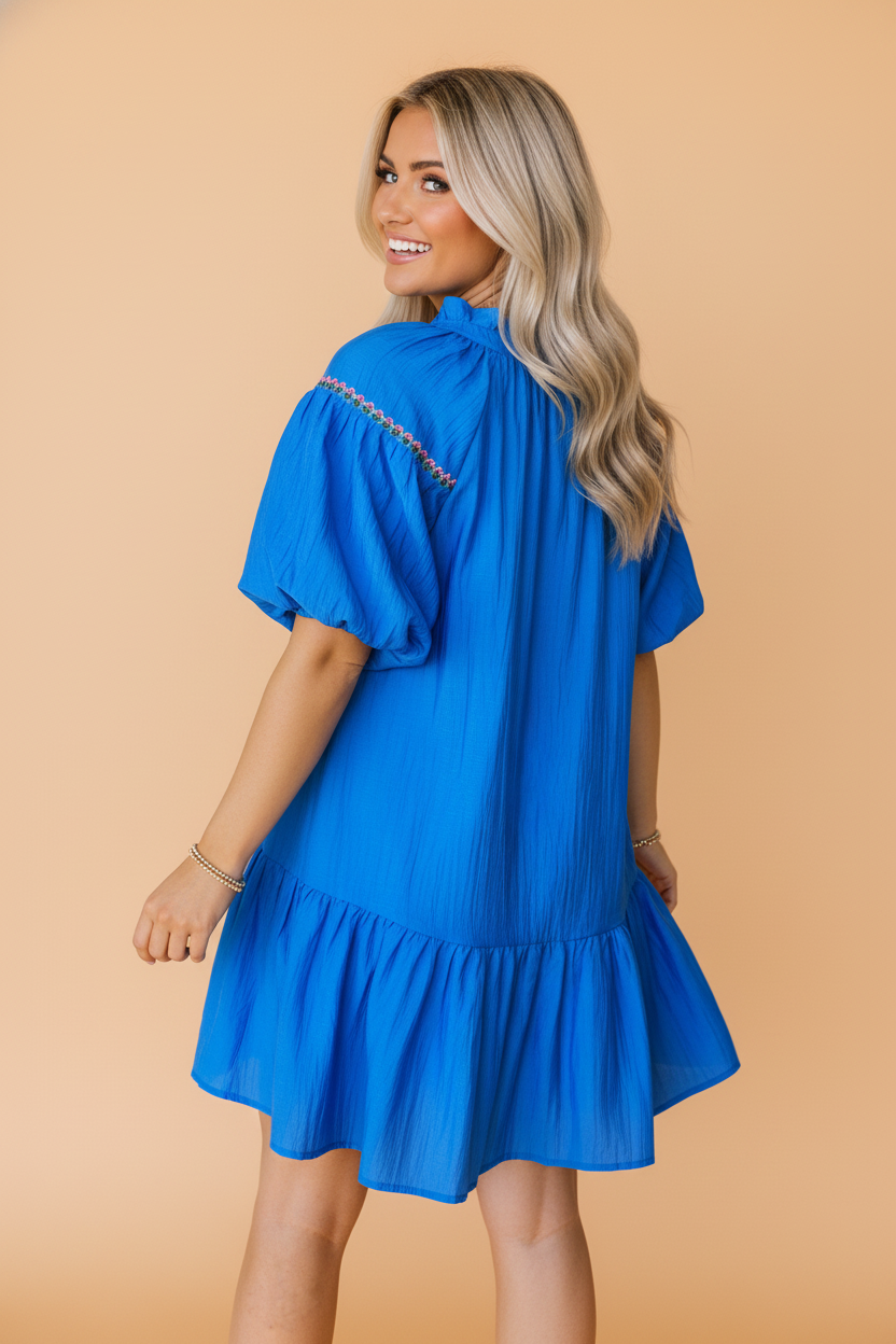 Flower Embroidered Puff Sleeve Ruffle Hem Dress