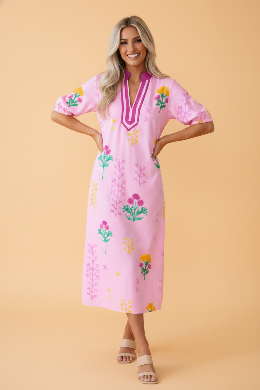Floral Colorblock Trim V-Neck Midi Dress
