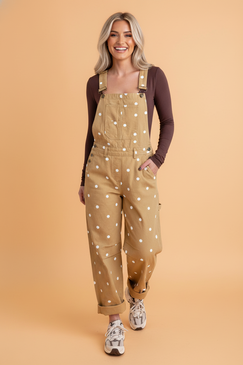 Polka Dot Denim Barrel Leg Overalls Jumpsuit