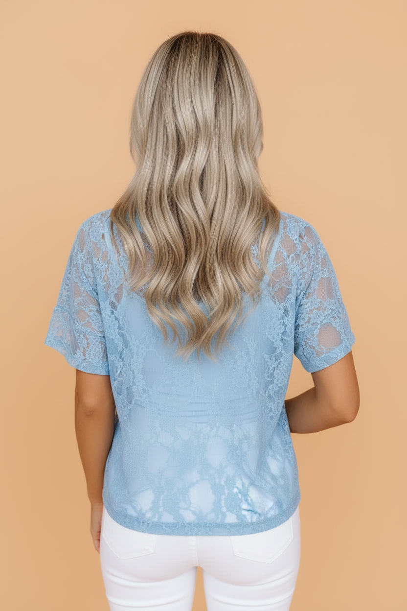 Solid Sheer Lace Short Sleeve Boxy Tee