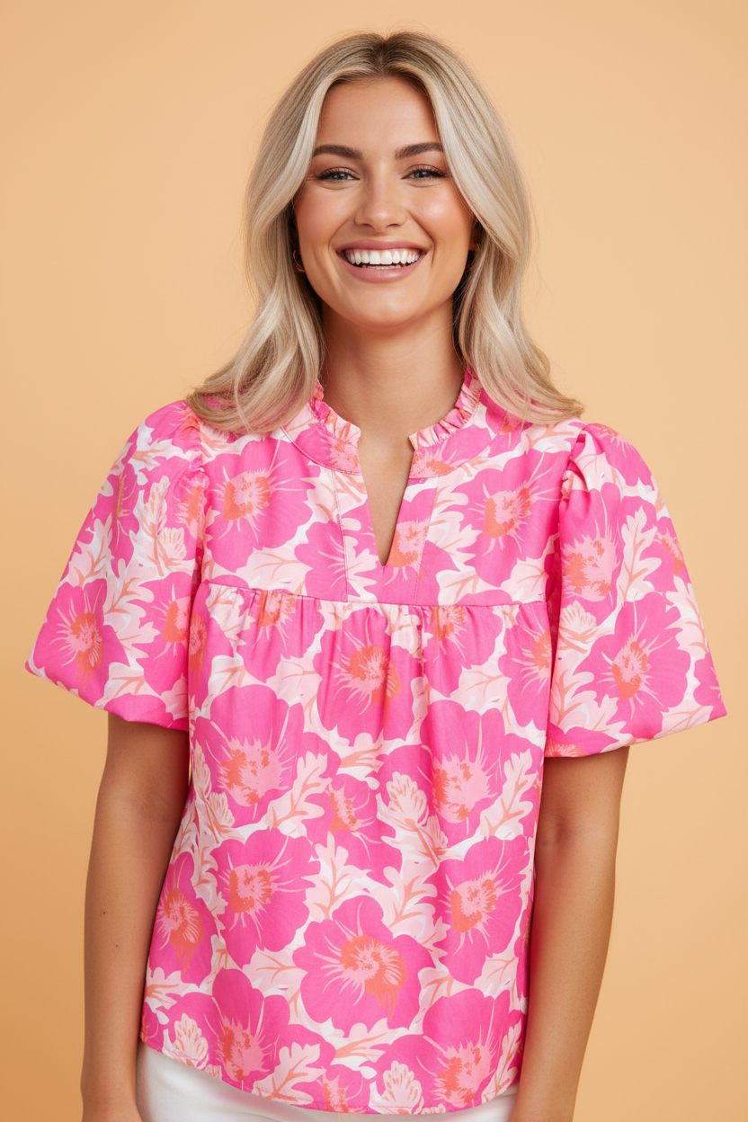 Floral Frilled V-Neck Bubble Sleeve Babydoll Blouse
