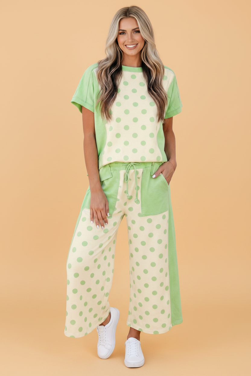 Polka Dot Patchwork Top & Wide Leg Pants Set