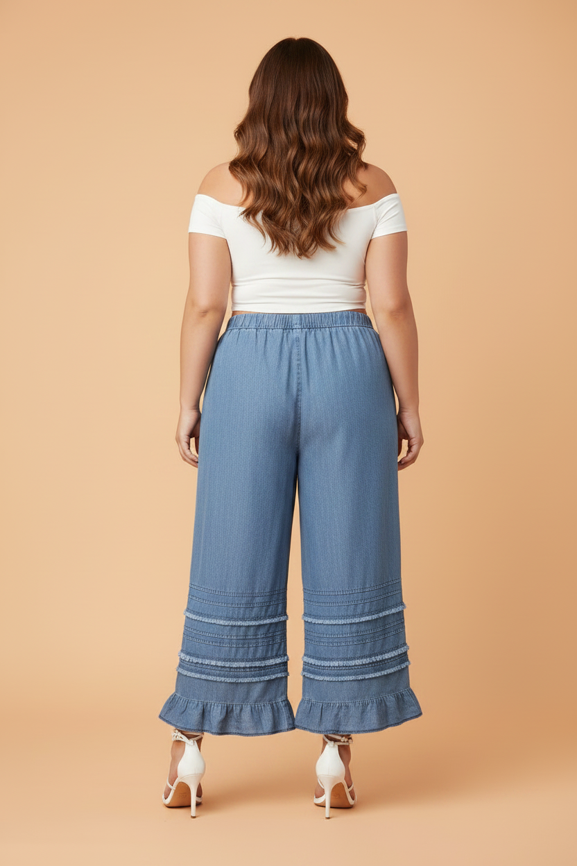Plus Size Tiered Raw Edge Ruffle Denim Pants