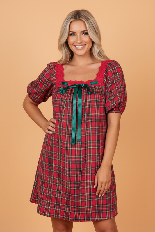 Plaid Lace Trim Square Collar Mini Babydoll Dress