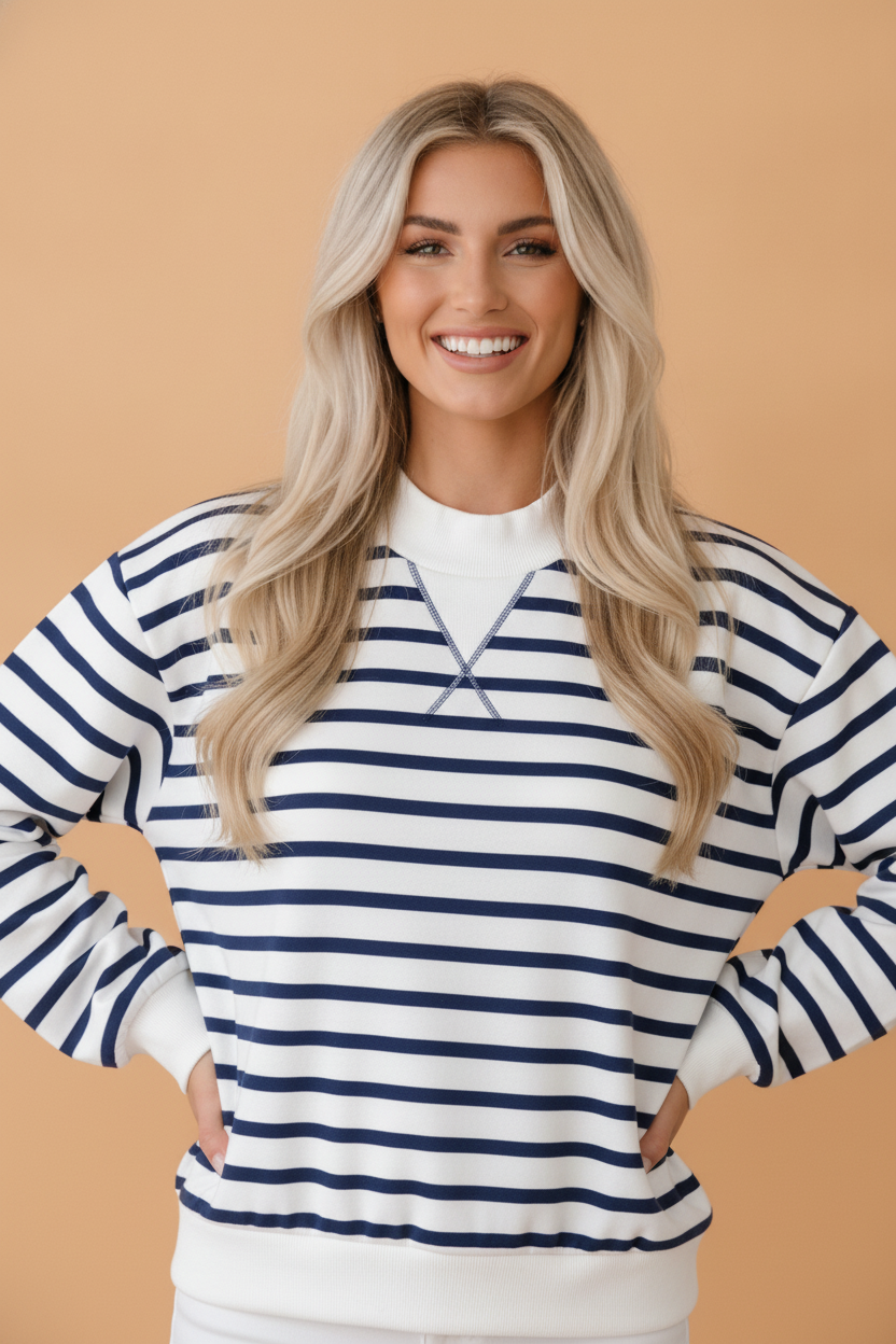 Stripe Ribbed Trim Stand Neck Long Sleeve Sweatshirt