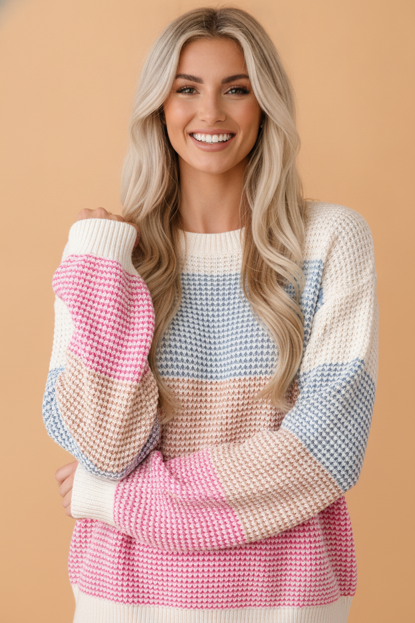 Colorblock Stripe Drop Shoulder Round Neck Sweater